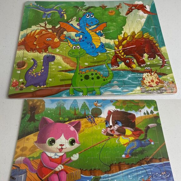 Children’s 60 Piece Jigsaw Puzzles Two Pack 8.5” x 11.5” Animals Kids Dinosaur - Picture 1 of 3